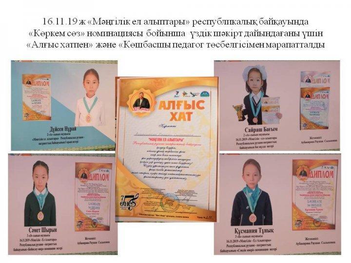 16.11.19ж «Мәңгілік ел алыптары» республикалық байқауында        «Көркем сөз» номинациясы бойынша  үздік шәкірт дайындағаны үшін              «Алғыс х